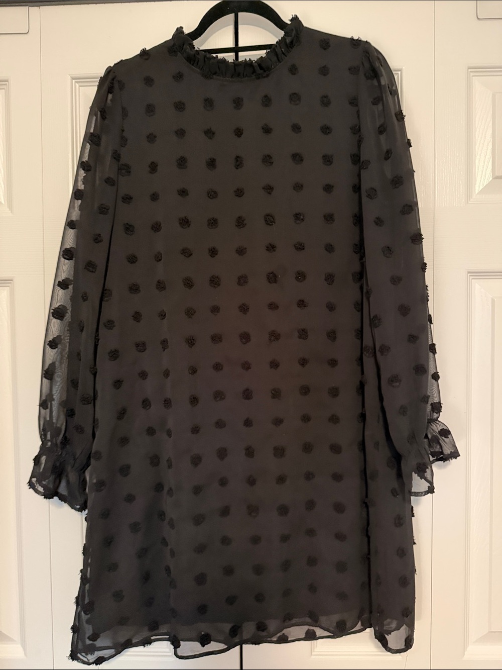 Black Long-Sleeve Swiss Dot Shift Dress